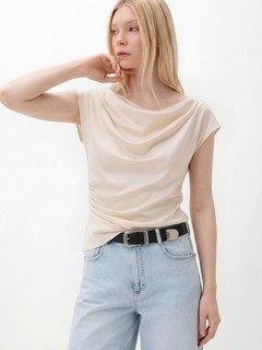 Full-length front view of the champagne satin cowl-neck cap-sleeve blouse, showing its silhouette and design details.