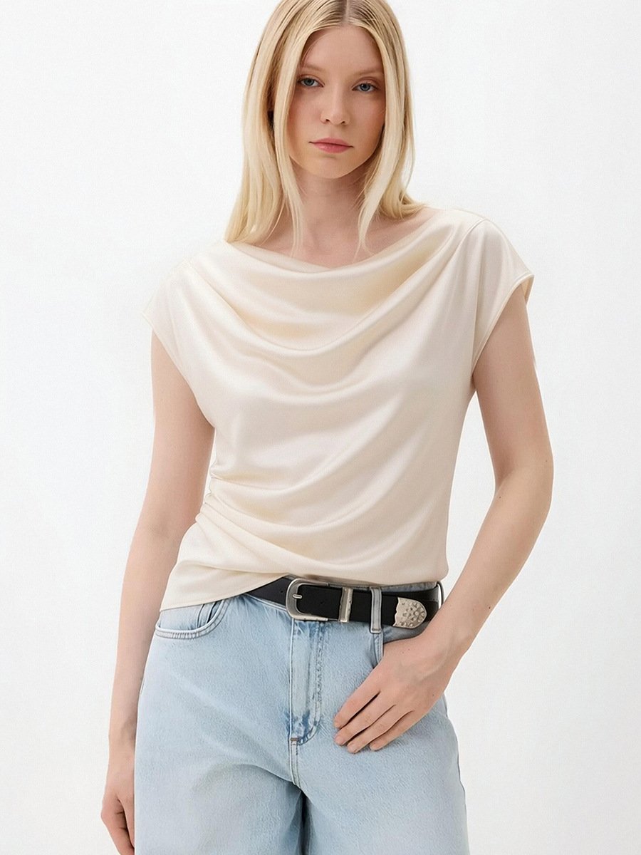 Champagne Satin Cowl-Neck Cap-Sleeve Blouse – Front View Front view of the champagne satin cowl-neck cap-sleeve blouse, showing its silhouette and design details.