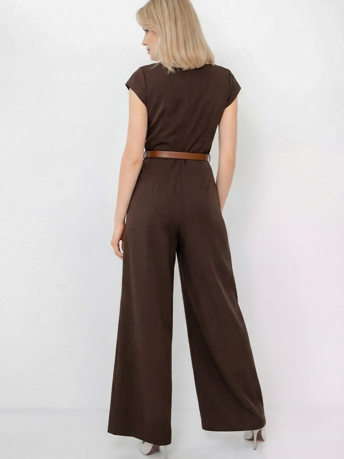 Back view of the brown satin cowl-neck wide-leg jumpsuit, showing its silhouette and design details.