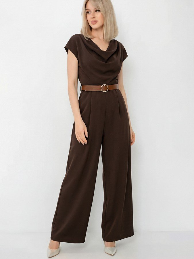 Front view of the brown satin cowl-neck wide-leg jumpsuit, showing its silhouette and design details.