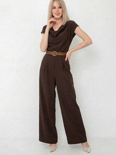 Angled front view of the brown satin cowl-neck wide-leg jumpsuit, showing its silhouette and design details.