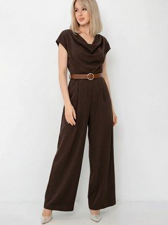 Front view of the brown satin cowl-neck wide-leg jumpsuit, showing its silhouette and design details.