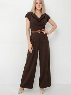 Full-length front view of the brown satin cowl-neck wide-leg jumpsuit, showing its silhouette and design details.