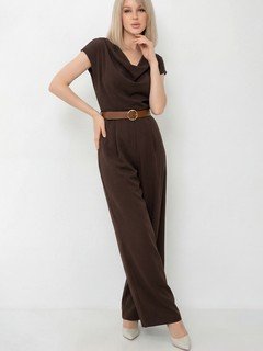 Lifestyle front view of the brown satin cowl-neck wide-leg jumpsuit, showing its silhouette and design details.