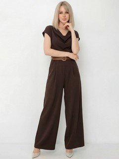 Styled front view of the brown satin cowl-neck wide-leg jumpsuit, showing its silhouette and design details.