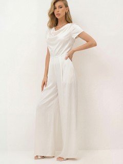 Front view of the ivory satin cowl-neck wide-leg jumpsuit, showing its silhouette and design details.