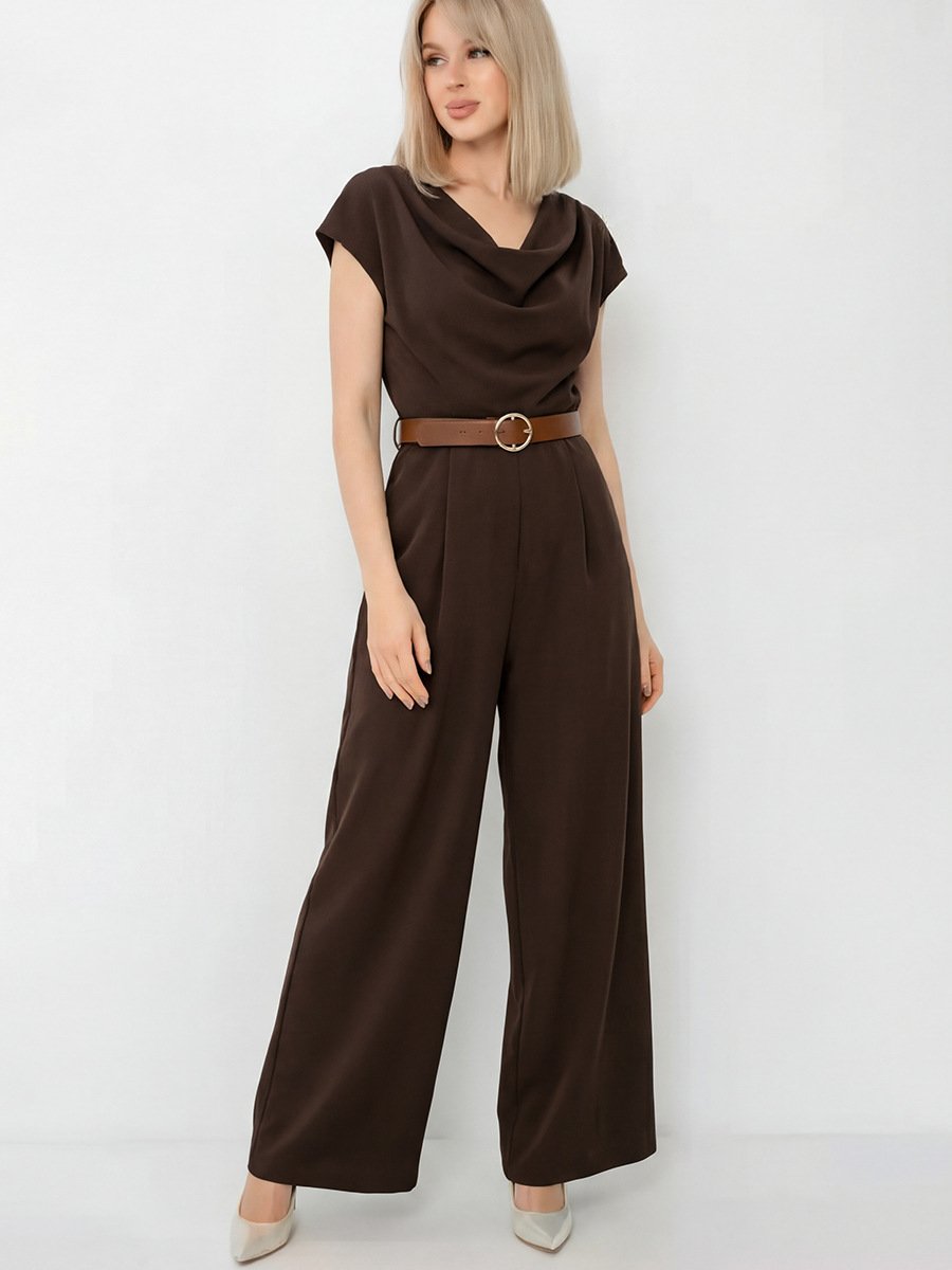 Brown Satin Cowl-Neck Wide-Leg Jumpsuit – Front View Front view of the brown satin cowl-neck wide-leg jumpsuit, showing its silhouette and design details.