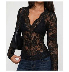 Front view of the black scalloped v-neck lace top, showing its silhouette and design details.