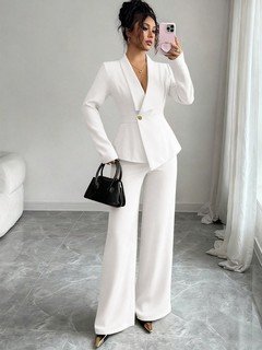 Full-length front view of the ivory shawl-collar blazer pants set, showing its silhouette and design details.