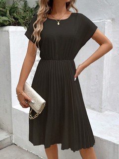 Angled front view of the black short-sleeve pleated midi dress, showing its silhouette and design details.