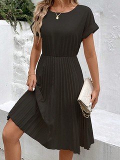 Front view of the black short-sleeve pleated midi dress, showing its silhouette and design details.