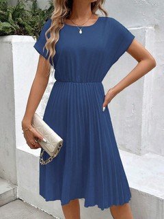 Angled front view of the blue short-sleeve pleated midi dress, showing its silhouette and design details.