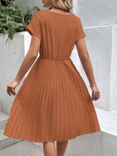Back view of the rust short-sleeve pleated midi dress, showing its silhouette and design details.