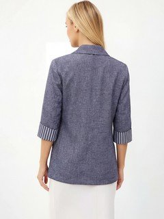 Back view of the gray striped-cuff tailored blazer, showing its silhouette and design details.