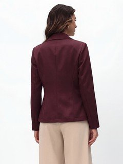 Back view of the burgundy single-button fitted blazer, showing its silhouette and design details.