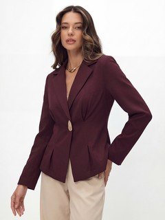 Full-length front view of the burgundy single-button fitted blazer, showing its silhouette and design details.