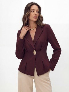 Lifestyle front view of the burgundy single-button fitted blazer, showing its silhouette and design details.