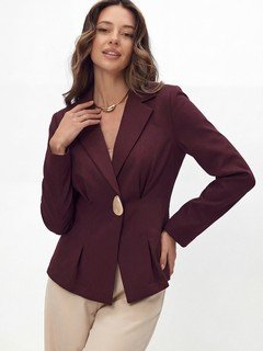 Styled front view of the burgundy single-button fitted blazer, showing its silhouette and design details.