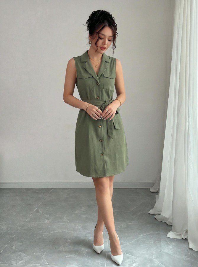 Studio front view of the olive sleeveless button-front belted shirt dress, showing the silhouette and fit.