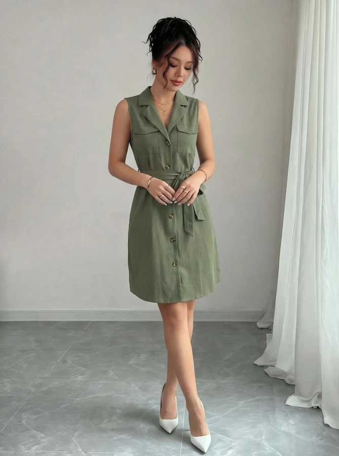 Studio front view of the olive sleeveless button-front belted shirt dress, showing the silhouette and fit.