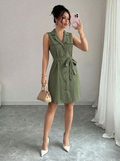 Alternate full length view of the olive sleeveless button-front belted shirt dress, showing the silhouette and fit.