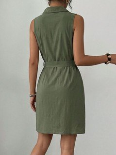 Back view of the olive sleeveless button-front belted shirt dress, showing the silhouette and fit.