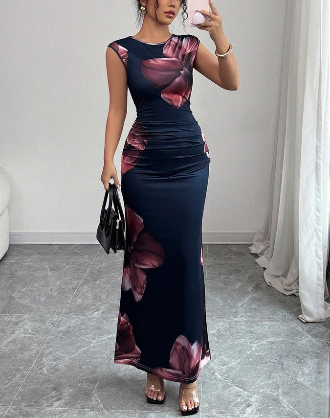 Front view of the navy floral ruched bodycon maxi dress, showing its silhouette and design details.