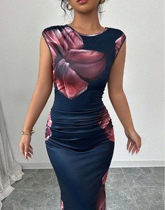 Angled front view of the navy floral ruched bodycon maxi dress, showing its silhouette and design details.