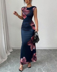 Lifestyle front view of the navy floral ruched bodycon maxi dress, showing its silhouette and design details.