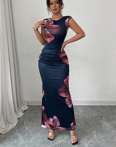 Styled front view of the navy floral ruched bodycon maxi dress, showing its silhouette and design details.