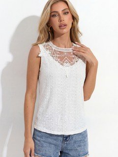 Full-length front view of the white floral lace yoke sleeveless top, showing its silhouette and design details.