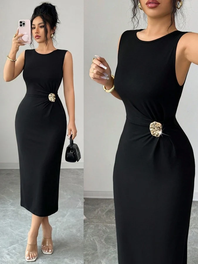 Front view of the black sleeveless waist-embellished bodycon midi dress, showing the silhouette and fit.