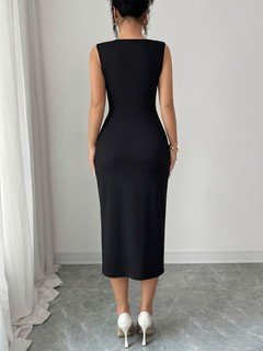 Alternate back view of the black sleeveless waist-embellished bodycon midi dress, showing the silhouette and fit.