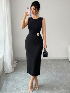 Bodice detail of the black sleeveless waist-embellished bodycon midi dress, showing sleeveless neckline, embellished waist and midi fit.