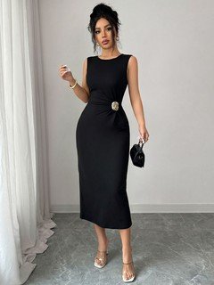 Lifestyle front view of the black sleeveless waist-embellished bodycon midi dress, showing the silhouette and fit.
