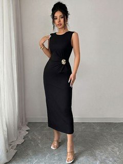 Side view of the black sleeveless waist-embellished bodycon midi dress, showing the silhouette and fit.