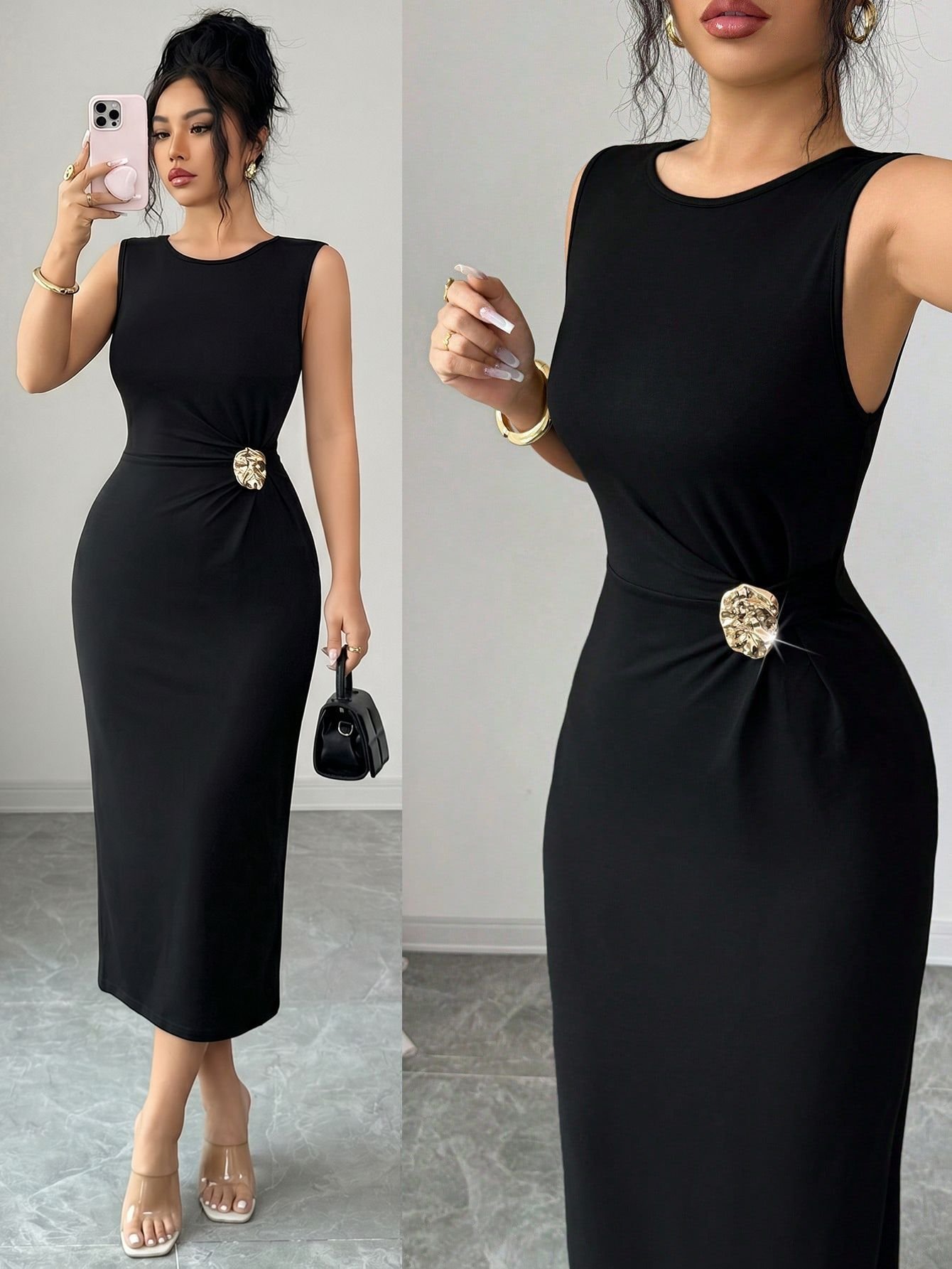 Black Sleeveless Waist-Embellished Bodycon Midi Dress – Front Close Up Front close up of the black sleeveless waist-embellished bodycon midi dress, showing sleeveless neckline, embellished waist and midi fit.