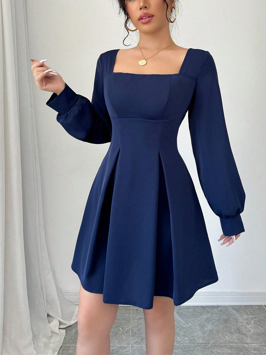 Navy Square-Neck Bishop-Sleeve Dress – Front View Front view of the navy square-neck bishop-sleeve dress, showing its silhouette and design details.