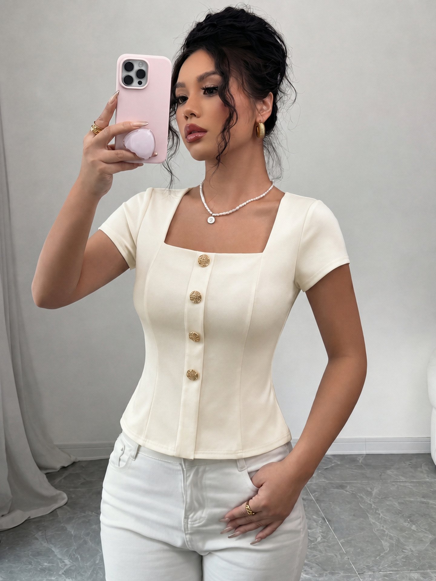 Ivory Square-Neck Button-Front Short-Sleeve Top – Front View Front view of the ivory square-neck button-front short-sleeve top, showing the silhouette and fit.
