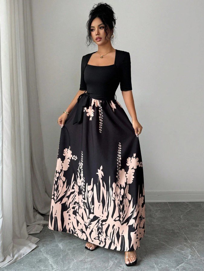 Front view of the black square-neck floral-hem three-quarter-sleeve maxi dress, showing the silhouette and fit.