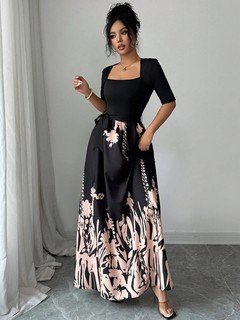Angled front view of the black square-neck floral-hem three-quarter-sleeve maxi dress, showing the silhouette and fit.