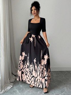 Front view of the black square-neck floral-hem three-quarter-sleeve maxi dress, showing the silhouette and fit.