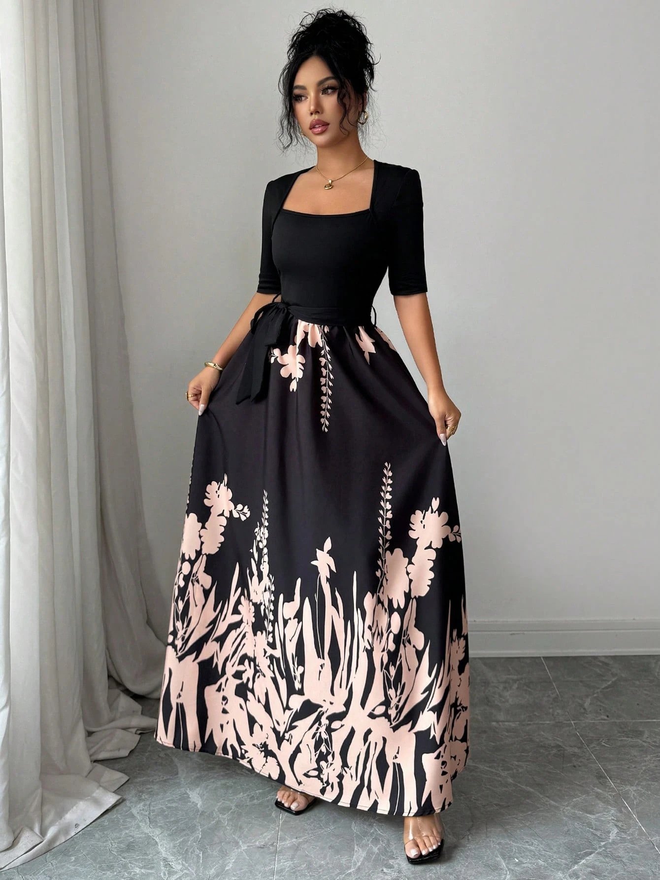 Black Square-Neck Floral-Hem Three-Quarter-Sleeve Maxi Dress – Front View Front view of the black square-neck floral-hem three-quarter-sleeve maxi dress, showing the silhouette and fit.