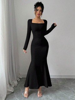 Front view of the black square-neck fishtail maxi dress, showing its silhouette and design details.