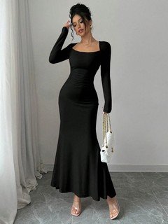Full-length front view of the black square-neck fishtail maxi dress, showing its silhouette and design details.
