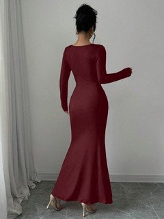 Angled front view of the burgundy square-neck fishtail maxi dress, showing its silhouette and design details.