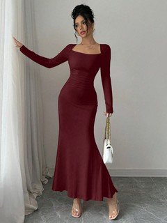 Front view of the burgundy square-neck fishtail maxi dress, showing its silhouette and design details.