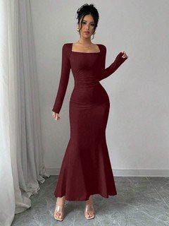 Full-length front view of the burgundy square-neck fishtail maxi dress, showing its silhouette and design details.