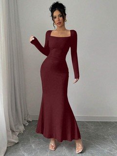 Styled front view of the burgundy square-neck fishtail maxi dress, showing its silhouette and design details.