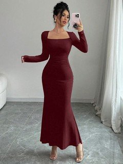Three-quarter front view of the burgundy square-neck fishtail maxi dress, showing its silhouette and design details.